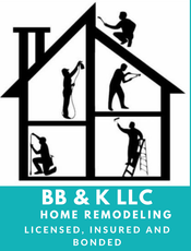 BB & K LLC home remodeling logo with house outline and contractor silhouettes on a teal banner