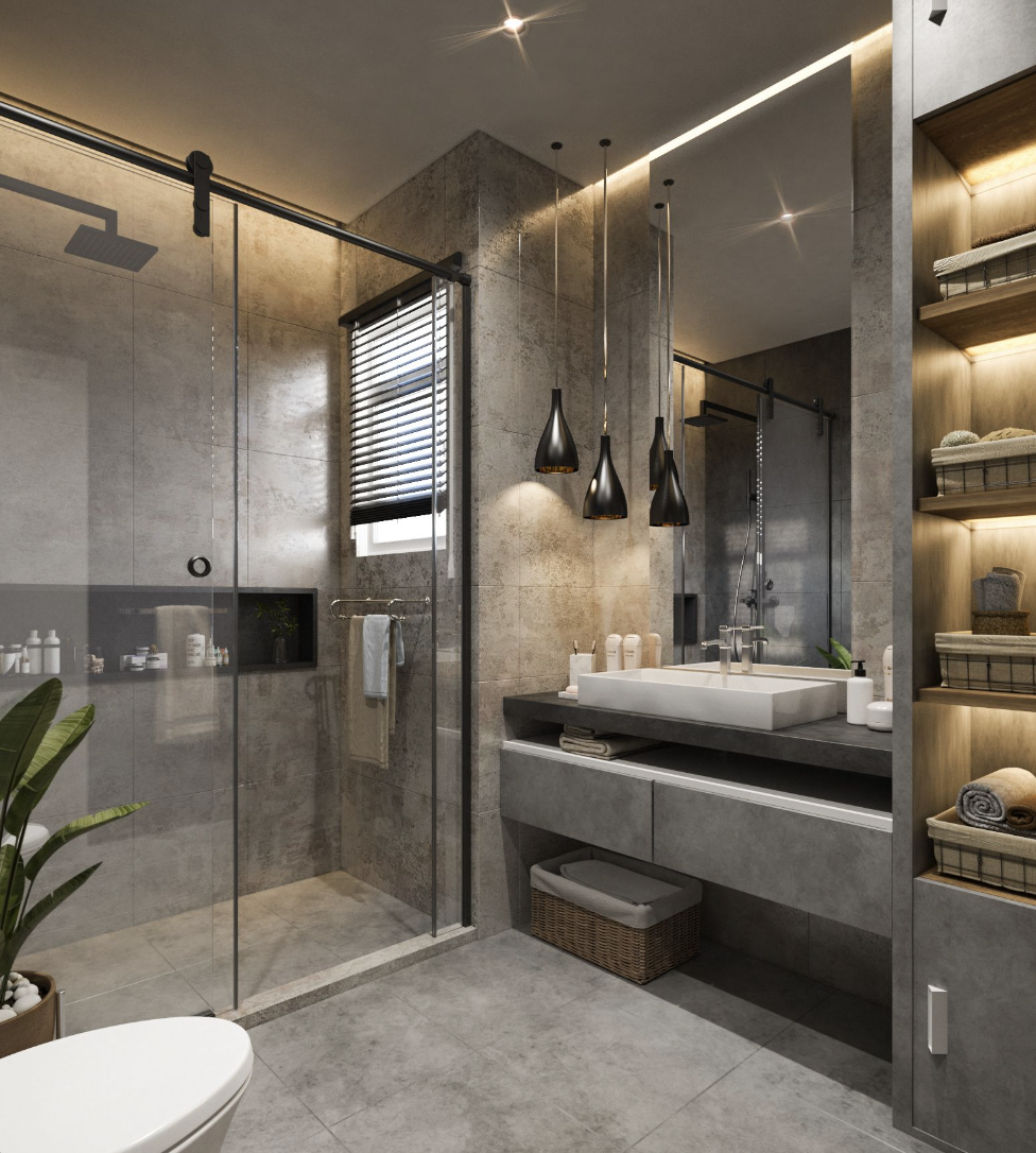Modern stone-tile bathroom with glass shower, floating vanity, mirror, and warm built-in shelving.
