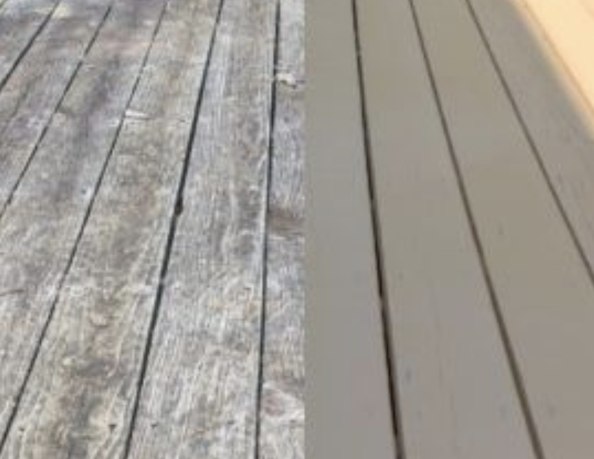 Split view of weathered gray wood deck boards and smooth tan deck boards side by side