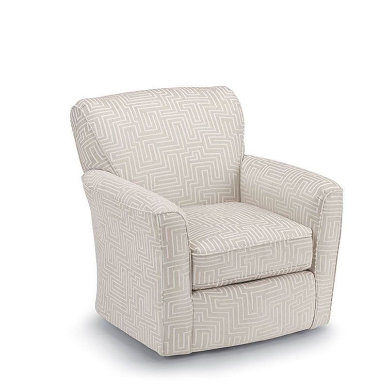 Light beige patterned upholstered armchair with padded arms on a white background