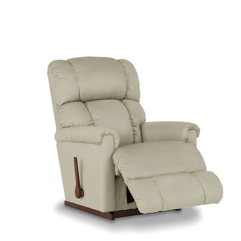 Beige recliner chair with footrest, cushioned back, and brown base.