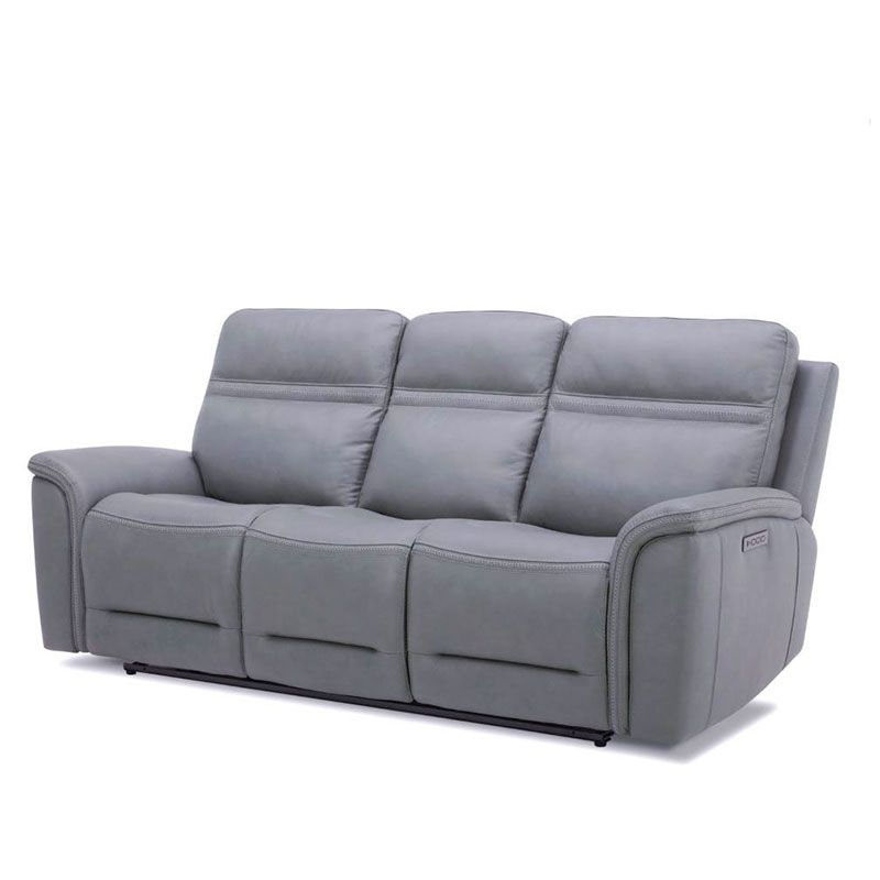 Gray three-seat reclining sofa with three padded backrests and side armrests