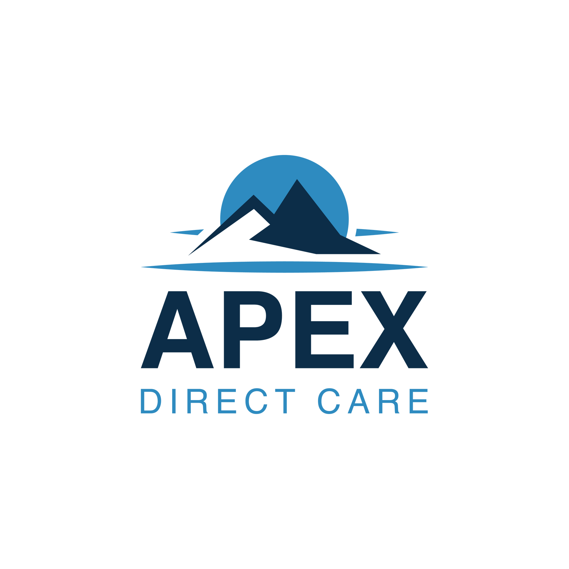 A logo for apex direct care with a mountain and the sun in the background.
