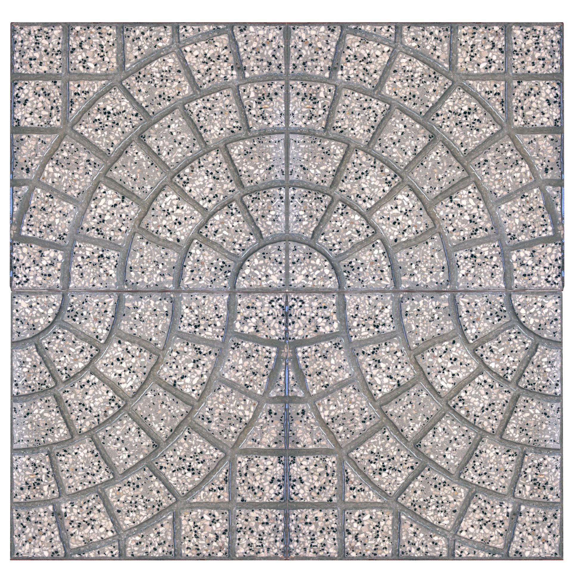 Pavimentazione con motivo quadrato, caratterizzata da una forma semicircolare realizzata con piccole piastrelle testurizzate.