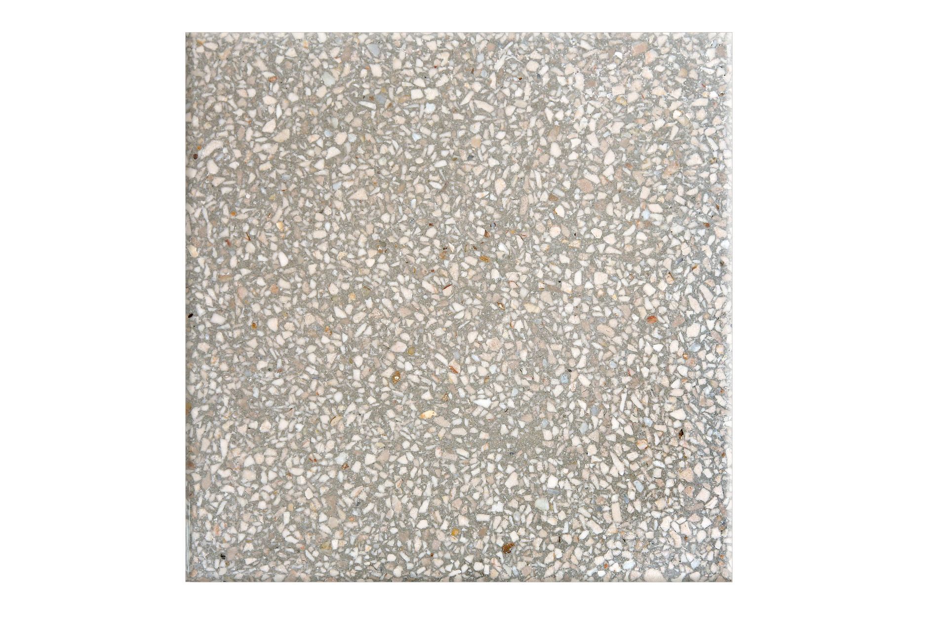 Piastrelle quadrate in terrazzo grigio con piccole macchie di colori più chiari.