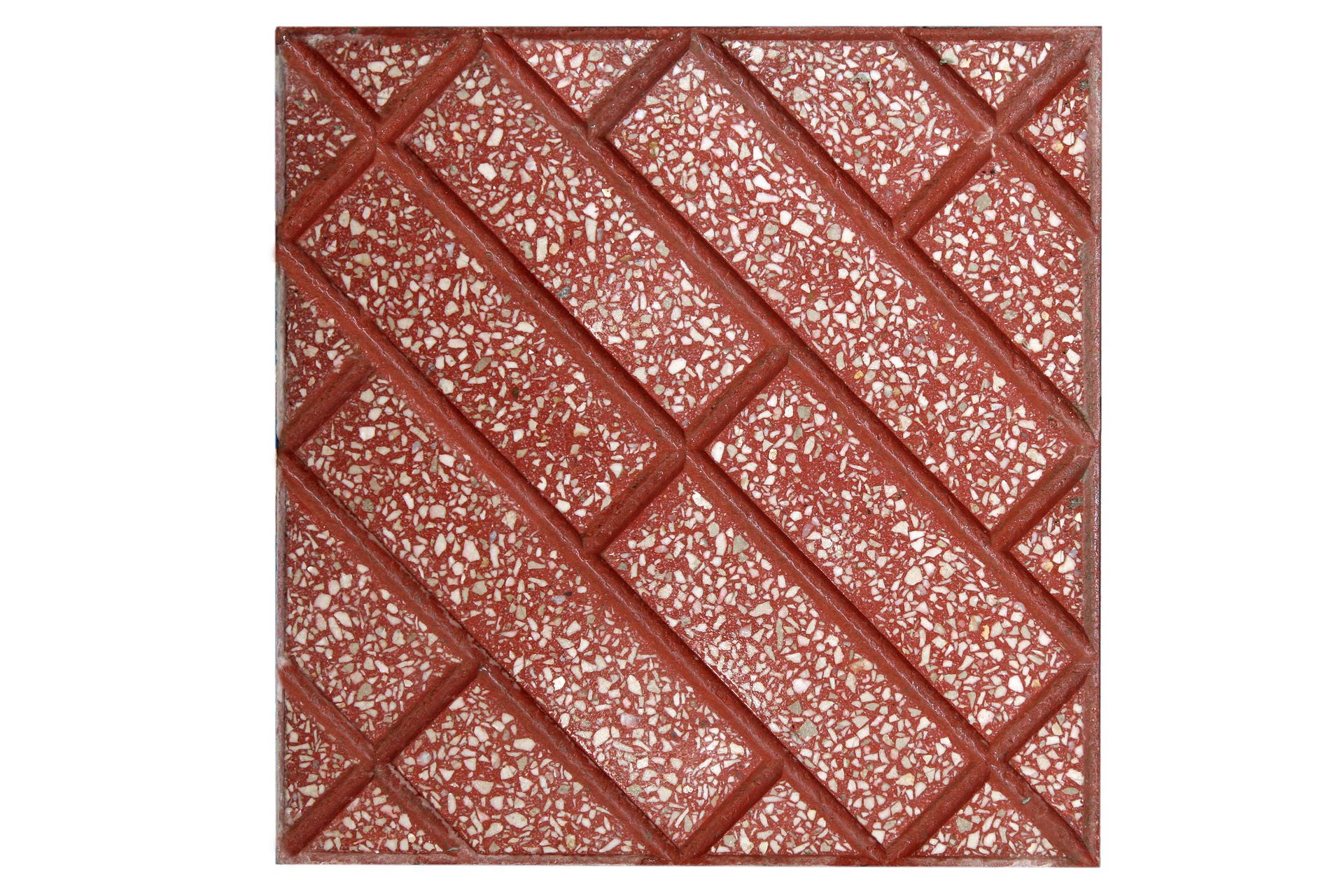 Piastrelle quadrate rosse e beige con motivi geometrici. Linee diagonali e superficie strutturata e punteggiata.