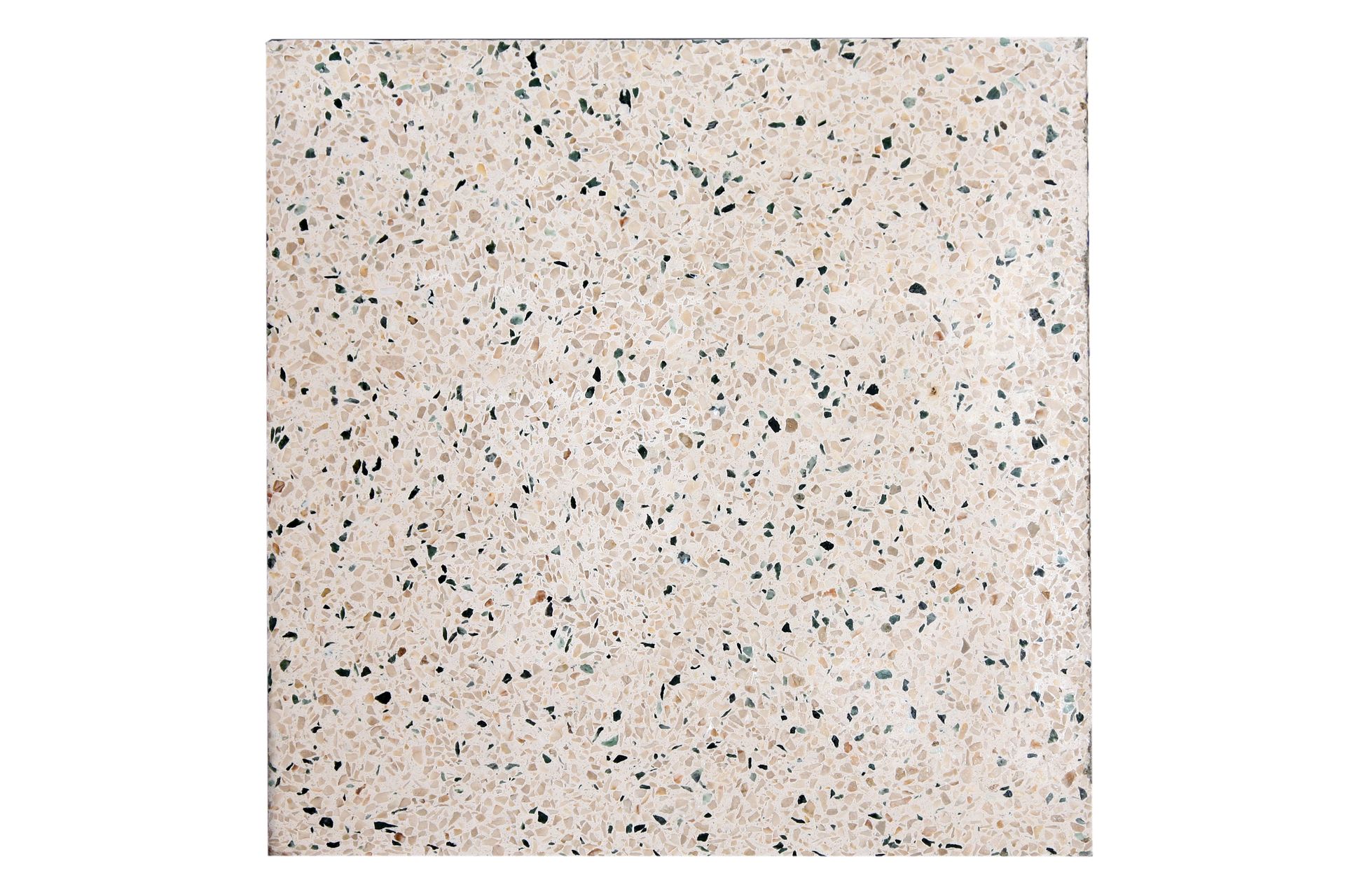 Piastrelle quadrate beige con piccole macchie scure sparse.
