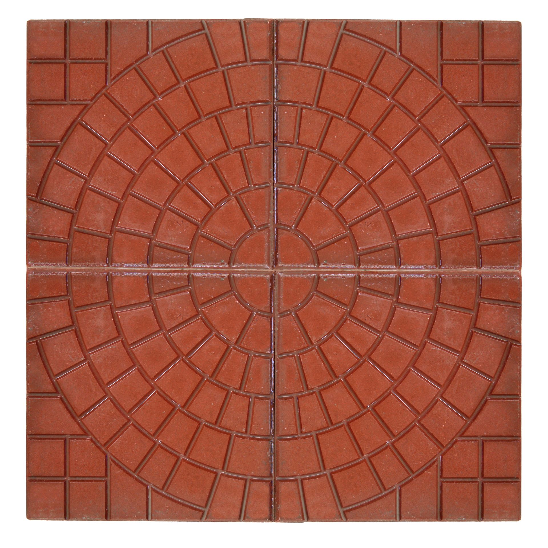 Piastrelle quadrate in mattoni rossi con motivo circolare al centro. Circondate da piastrelle rettangolari più piccole.
