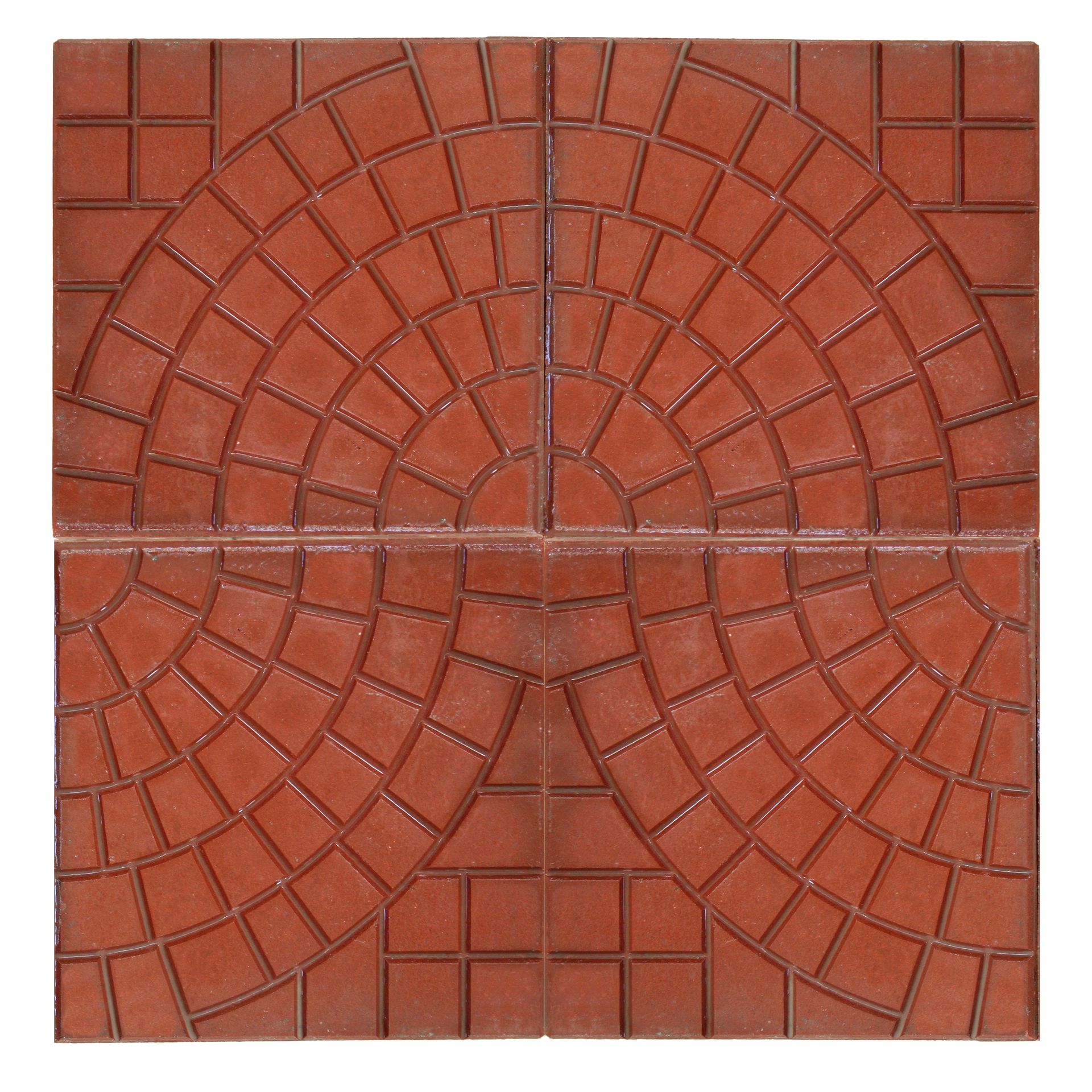 Quattro piastrelle rosso-marroni disposte a quadrato, creando un motivo di mattoni semicircolare.