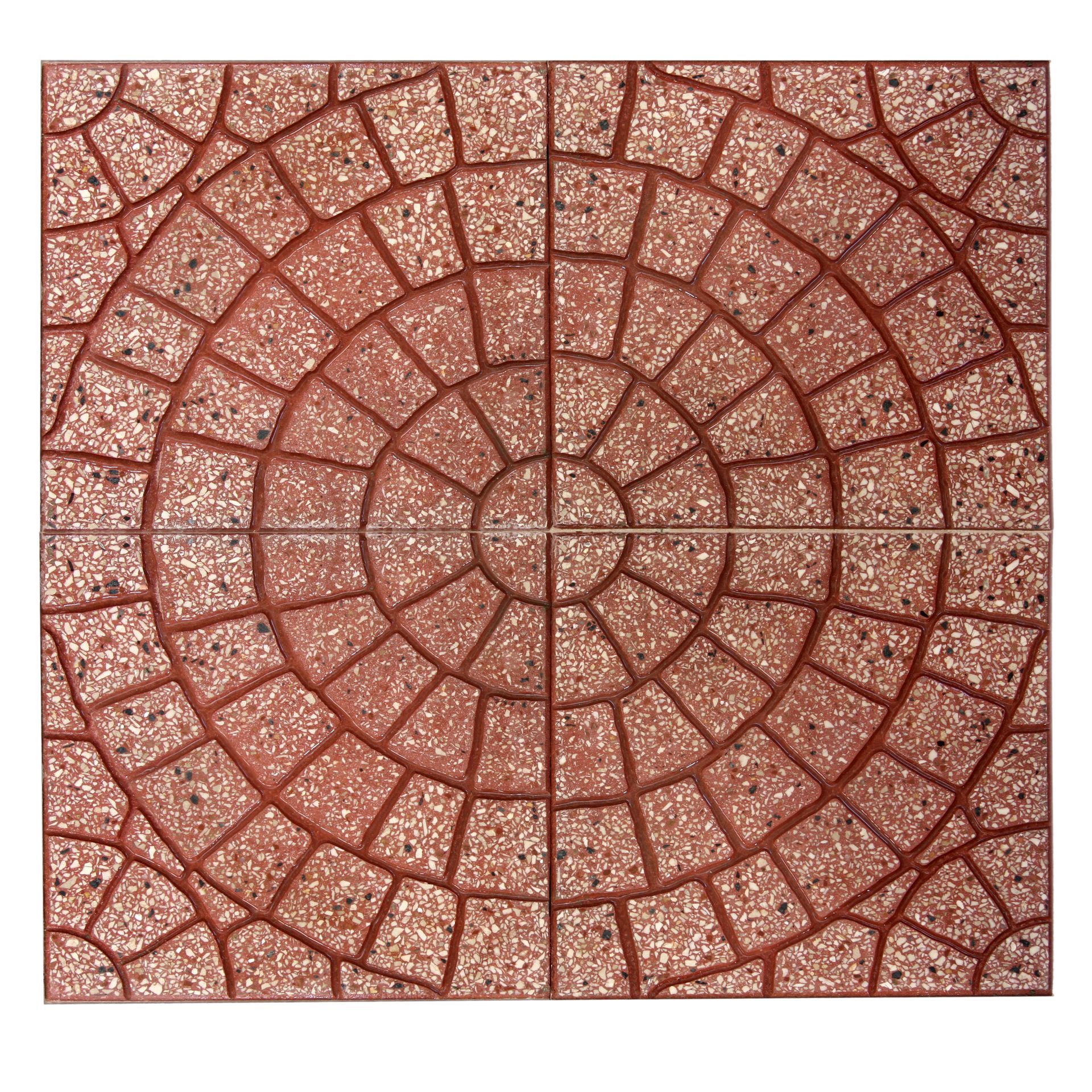 Quattro piastrelle quadrate rosse disposte a formare un motivo circolare di forme concentriche simili a mattoni.