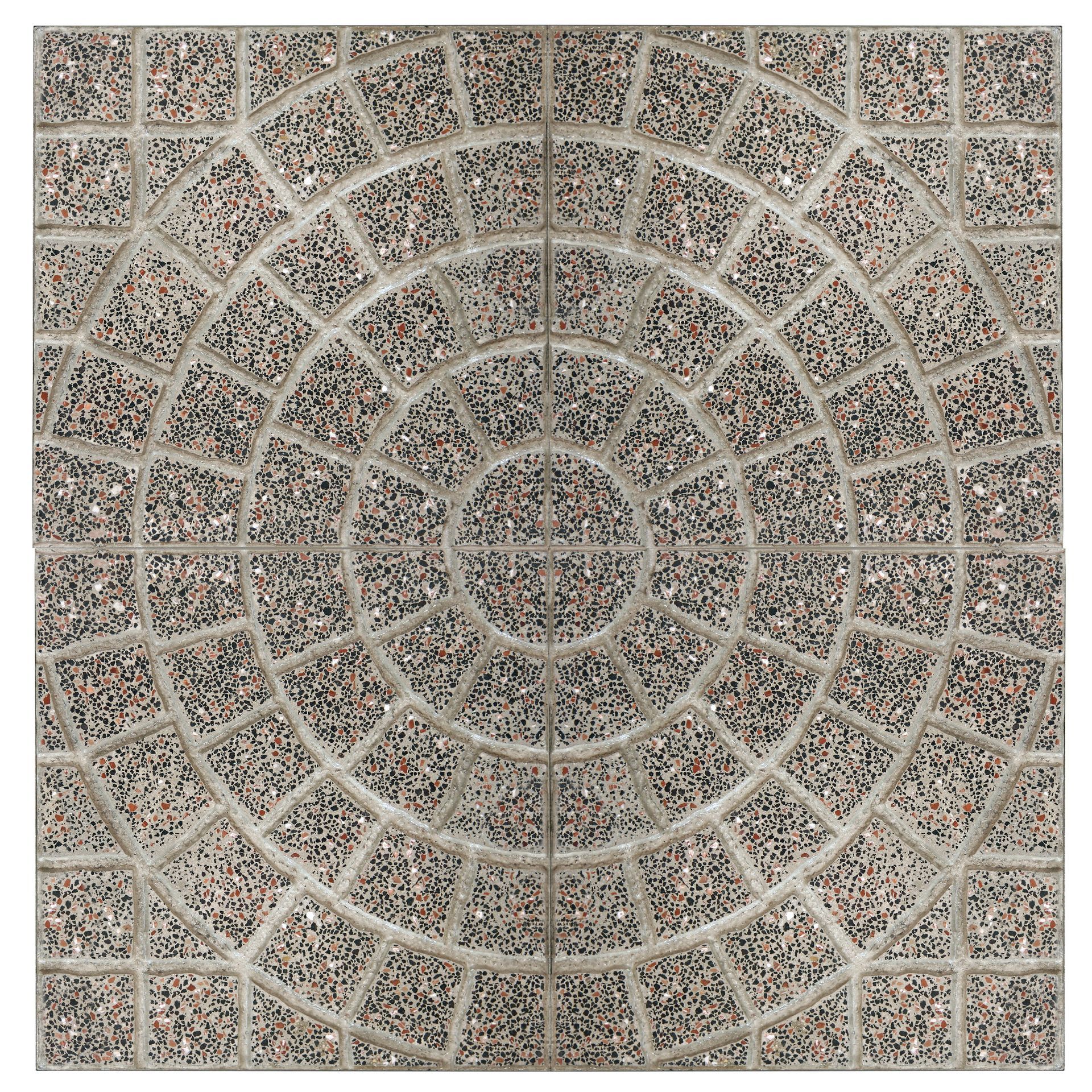 Piastrelle quadrate per patio con un design circolare e segmentato nelle tonalità del grigio e del marrone.