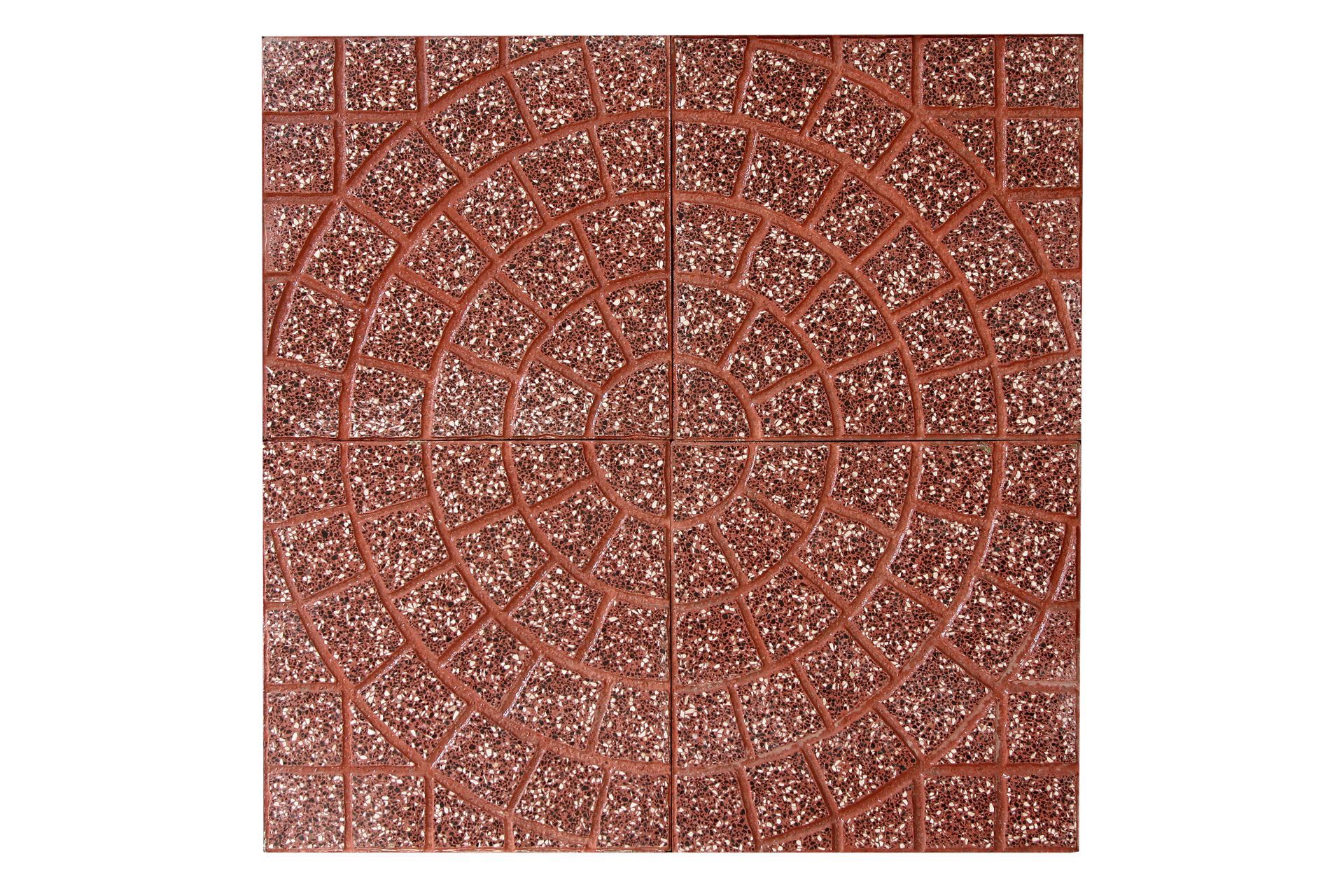 Quattro piastrelle rosse quadrate disposte a formare un quadrato più grande, ciascuna con un disegno circolare e strutturato.