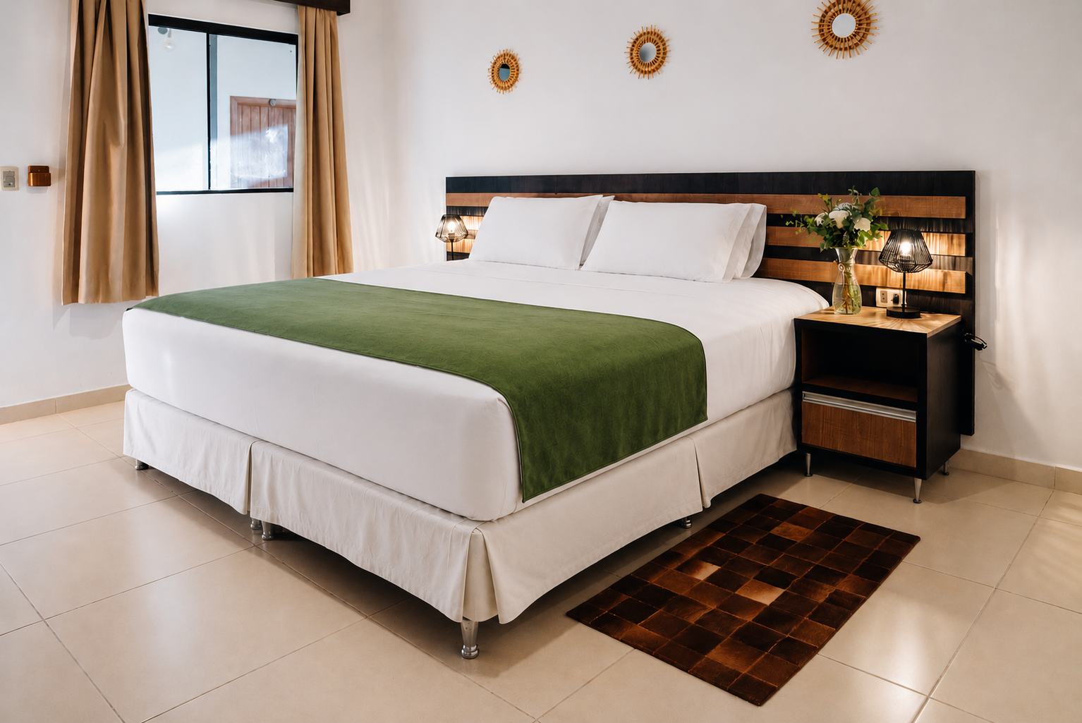 Un dormitorio con una cama grande y una lámpara en la mesita de noche.