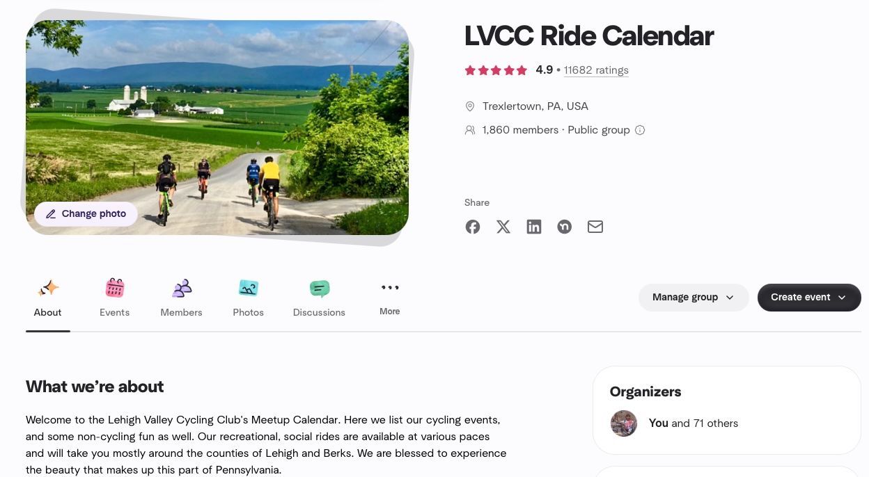 Cyclists riding on a road with a scenic landscape. Event listing for LVCC Ride Calendar.