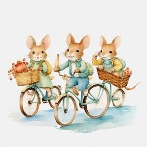 Three mice ride bicycles, each with a basket; one carries flowers.