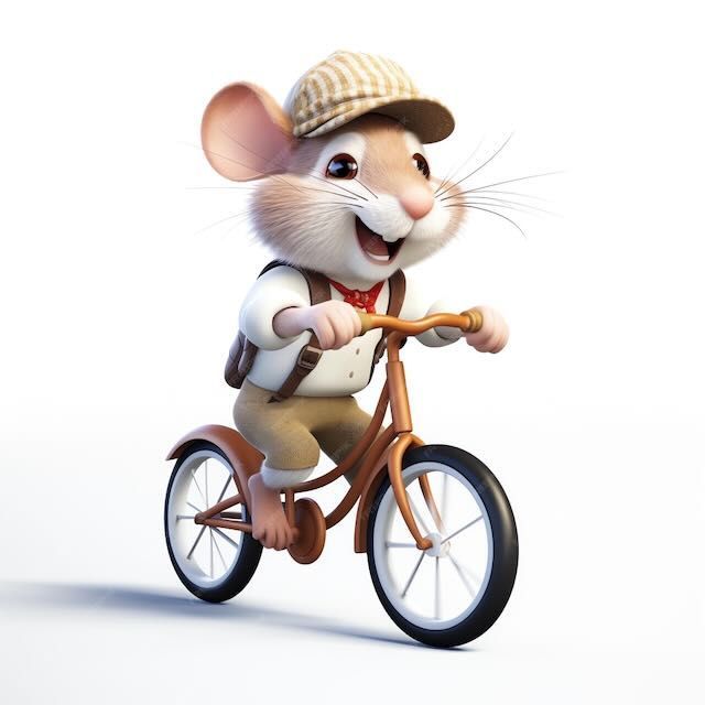 Mouse wearing hat and backpack, riding a bicycle with a joyful expression.