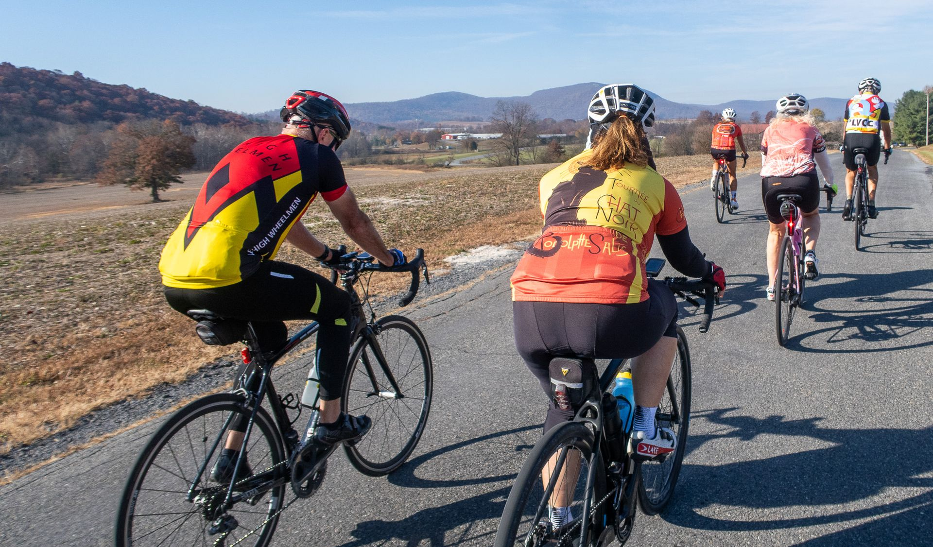 Cyclists ride on a paved road through a rural landscape. Wearing cycling gear, they are heading away from the camera.