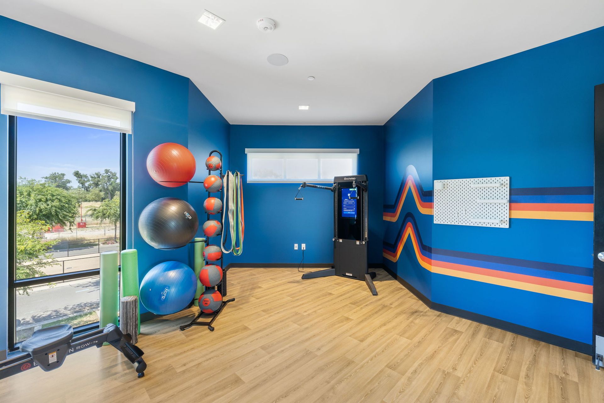A gym with blue walls , wooden floors , exercise balls and a machine.