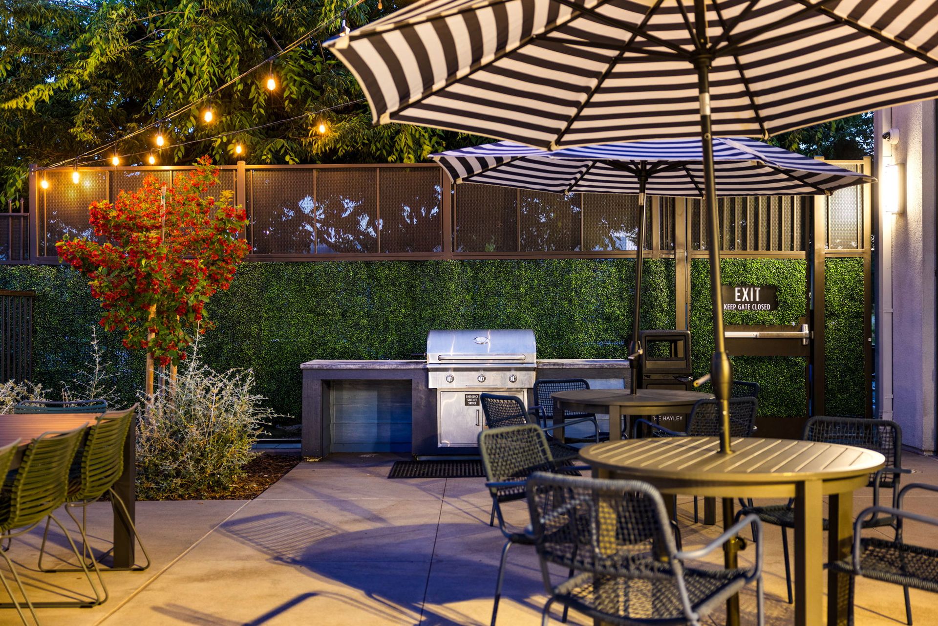 A patio with tables , chairs , umbrellas and a grill.