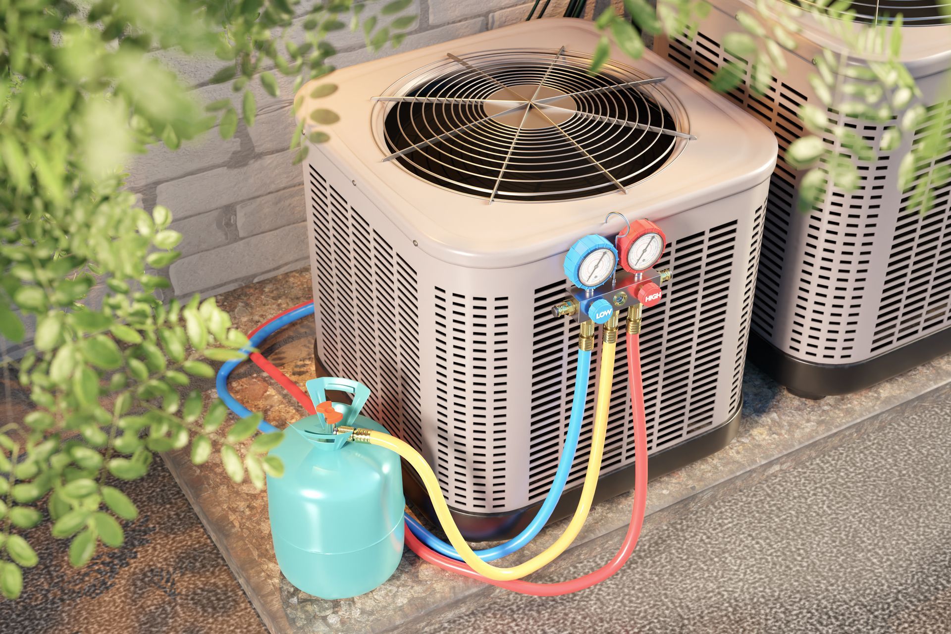 Outdoor air conditioner unit with gauges, hoses, and a refrigerant tank connected for servicing Outdoor air conditioner unit with gauges, hoses, and a refrigerant tank connected for servicing