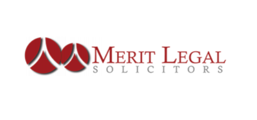 A red and white logo for merit legal solicitors