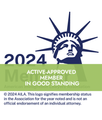 A statue of liberty logo that says 2024 active approved member in good standing