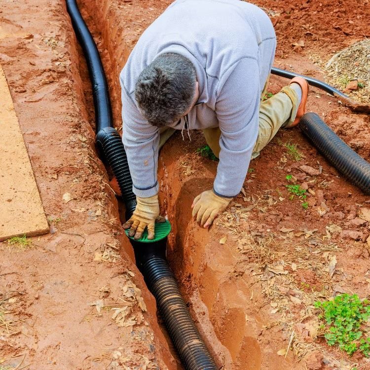 Worker in a trench laying black cable conduit in red dirt, using a green tool.