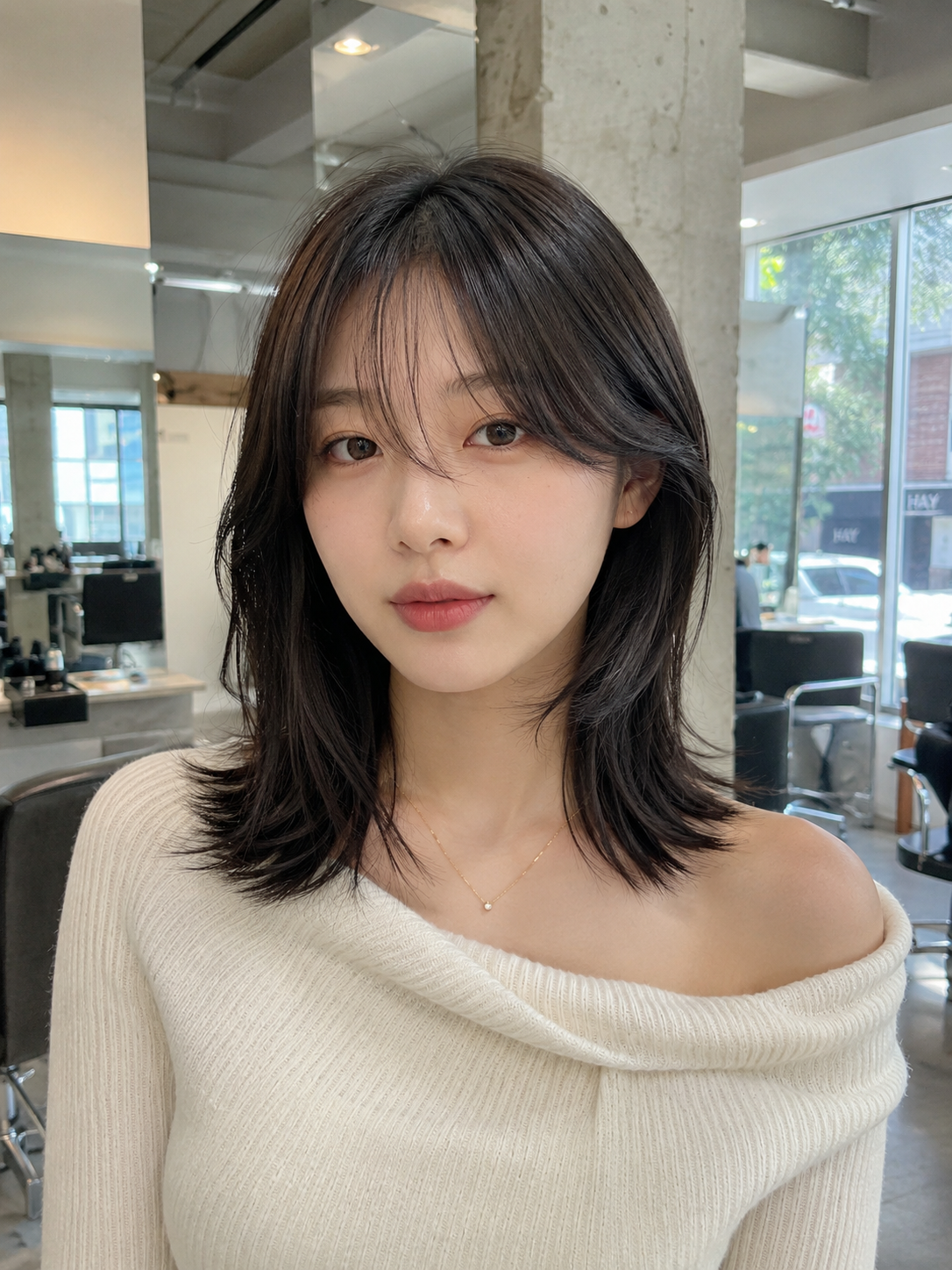 Woman with shoulder-length dark hair in a white off-shoulder sweater, seated in a bright modern café at busan gwangalli haeundae