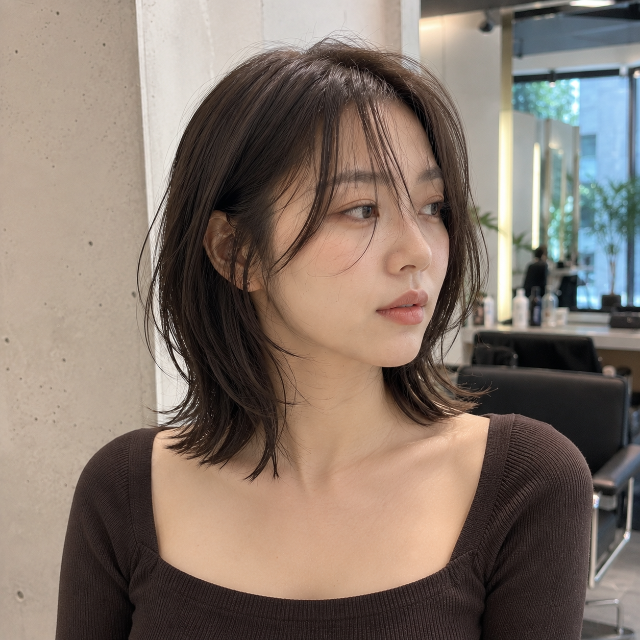 Woman with shoulder-length dark hair in a brown sweater, looking to the side in a bright salon at busan gwangalli haeundae