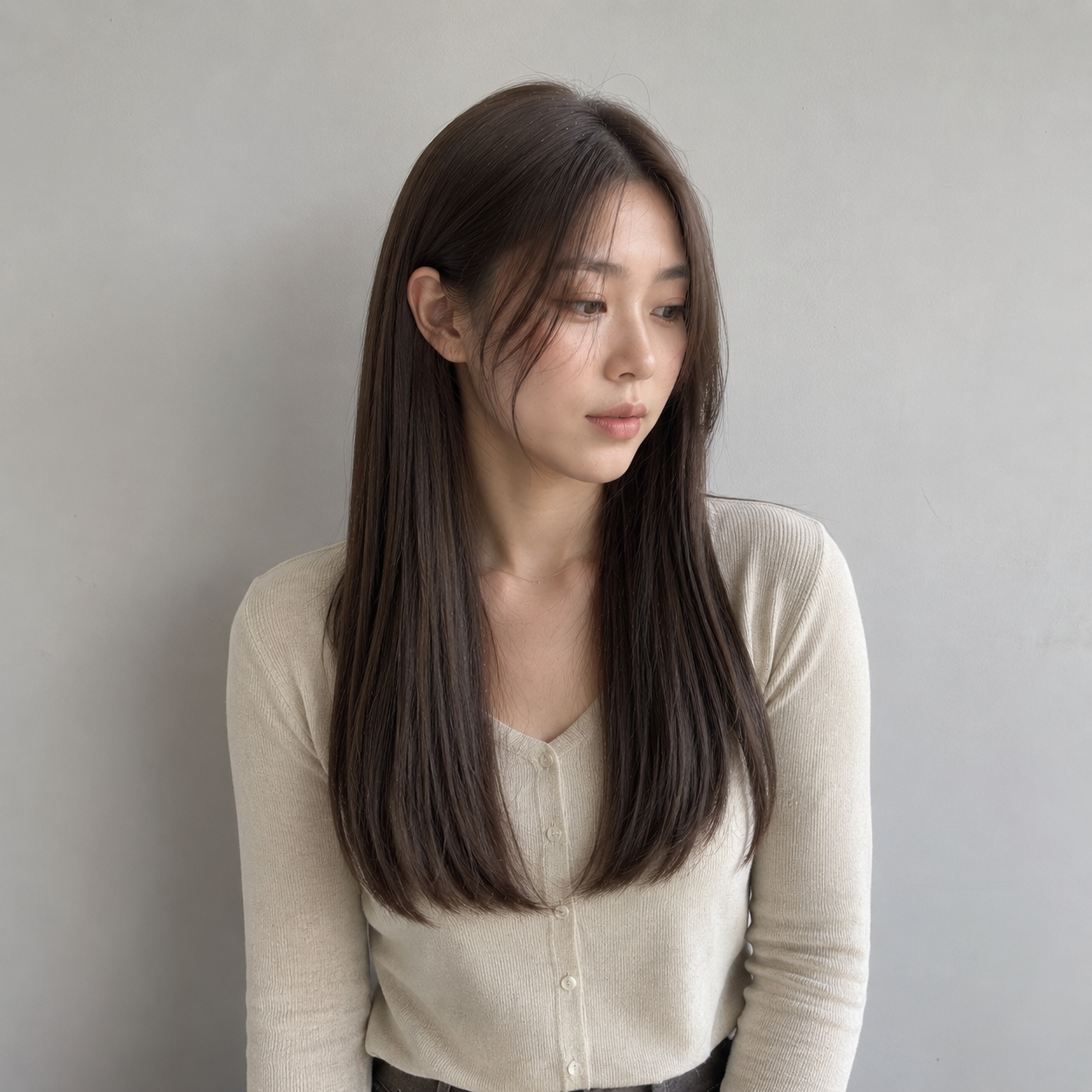 Young woman with long dark hair in a cream sweater, looking down against a plain gray background at busan gwangalli haeundae