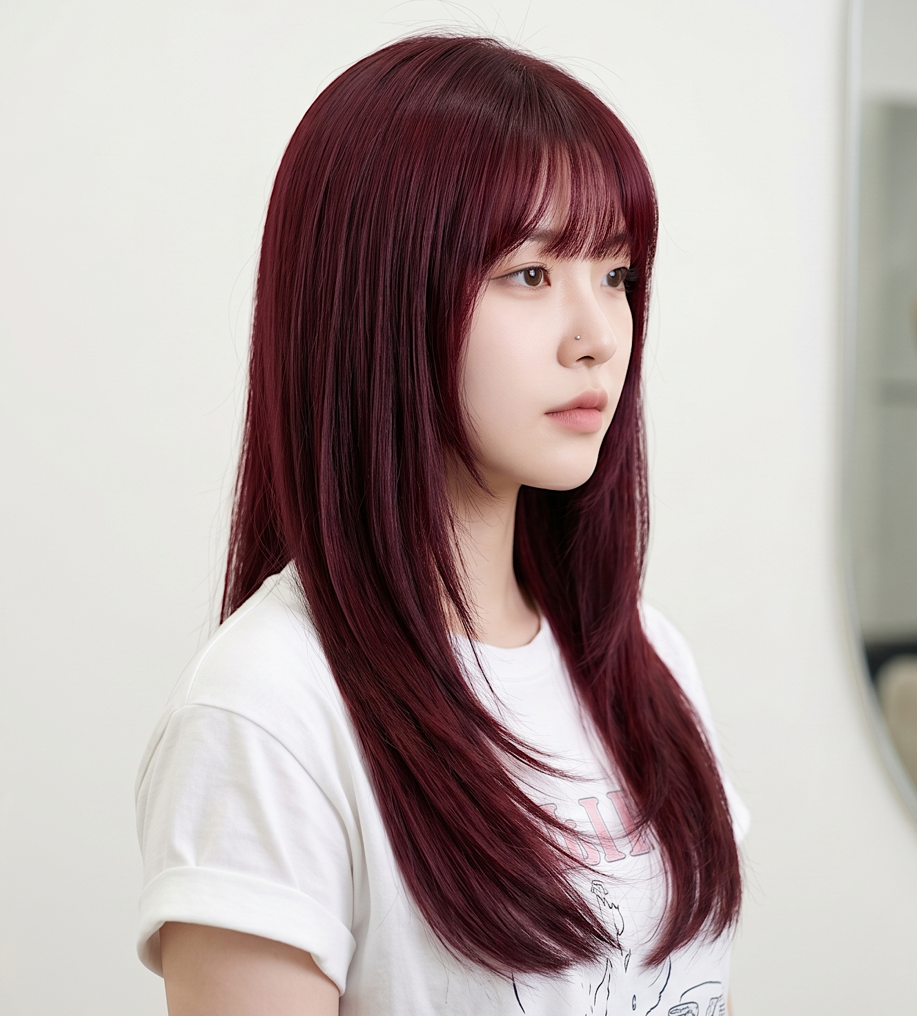 Person with long burgundy hair in a white shirt, shown in side profile against a light background at busan gwangalli haeundae