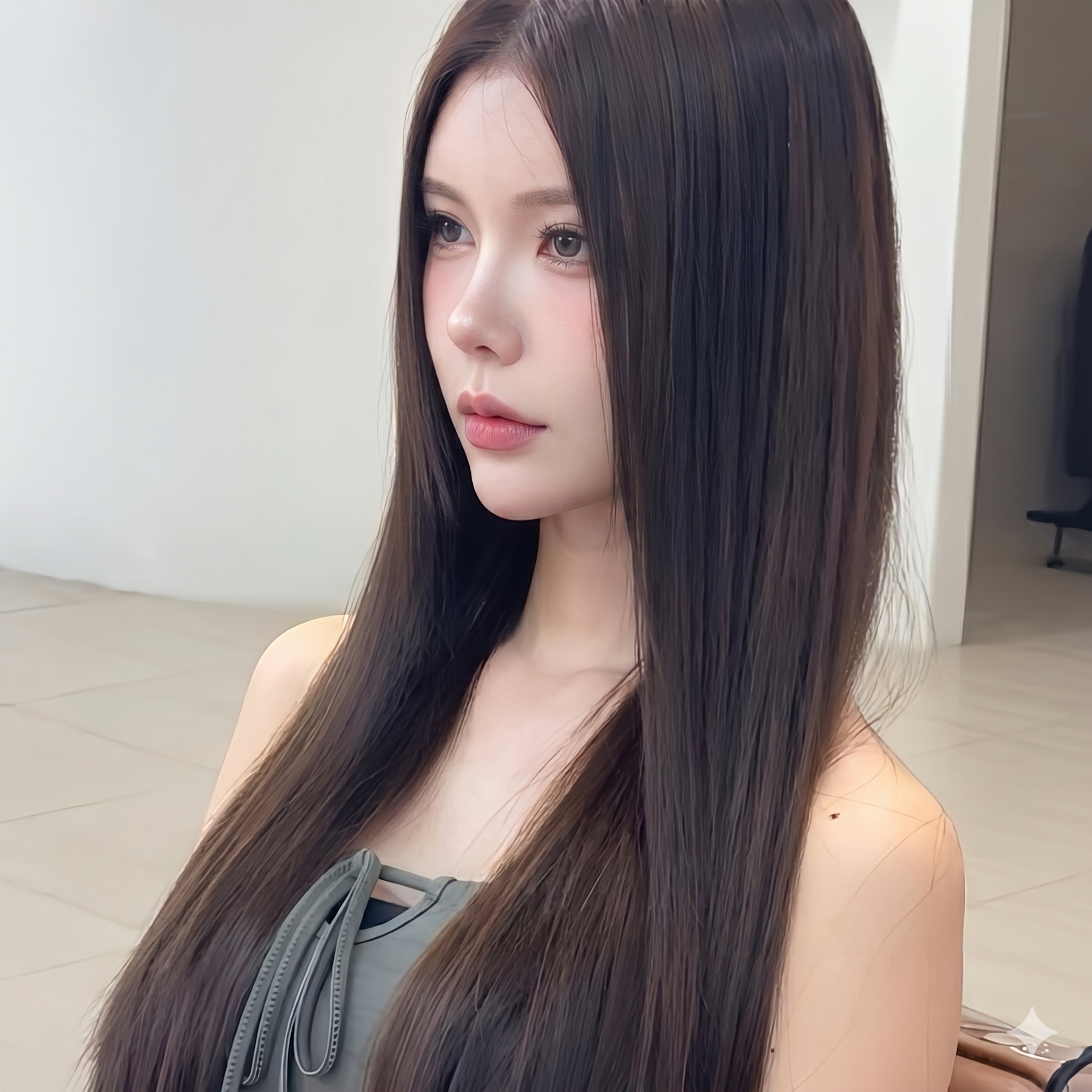 Portrait of a woman with long dark hair in a gray top, standing indoors against a light wall at busan gwangalli haeundae