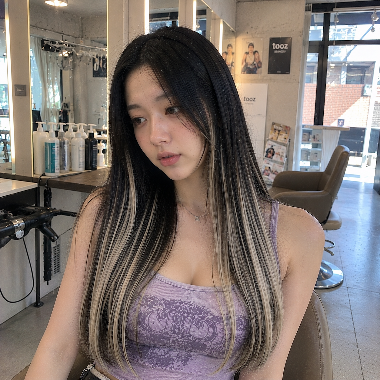 Woman with long black and platinum hair in a salon chair, wearing a purple top, looking down. at busan gwangalli haeundae