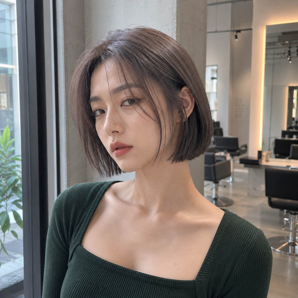 Portrait of a woman with a short bob haircut in a green top, posing in a modern salon. at busan gwangalli haeundae