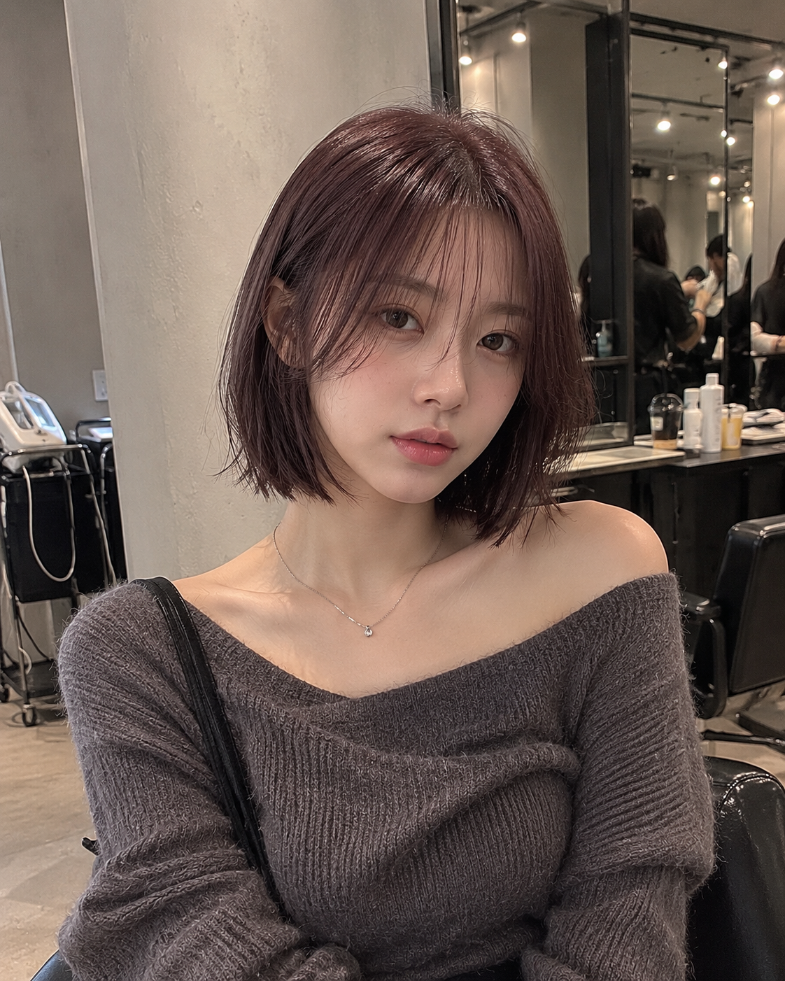 Person with short burgundy hair wearing a gray off-shoulder sweater in a salon setting. at busan gwangalli haeundae