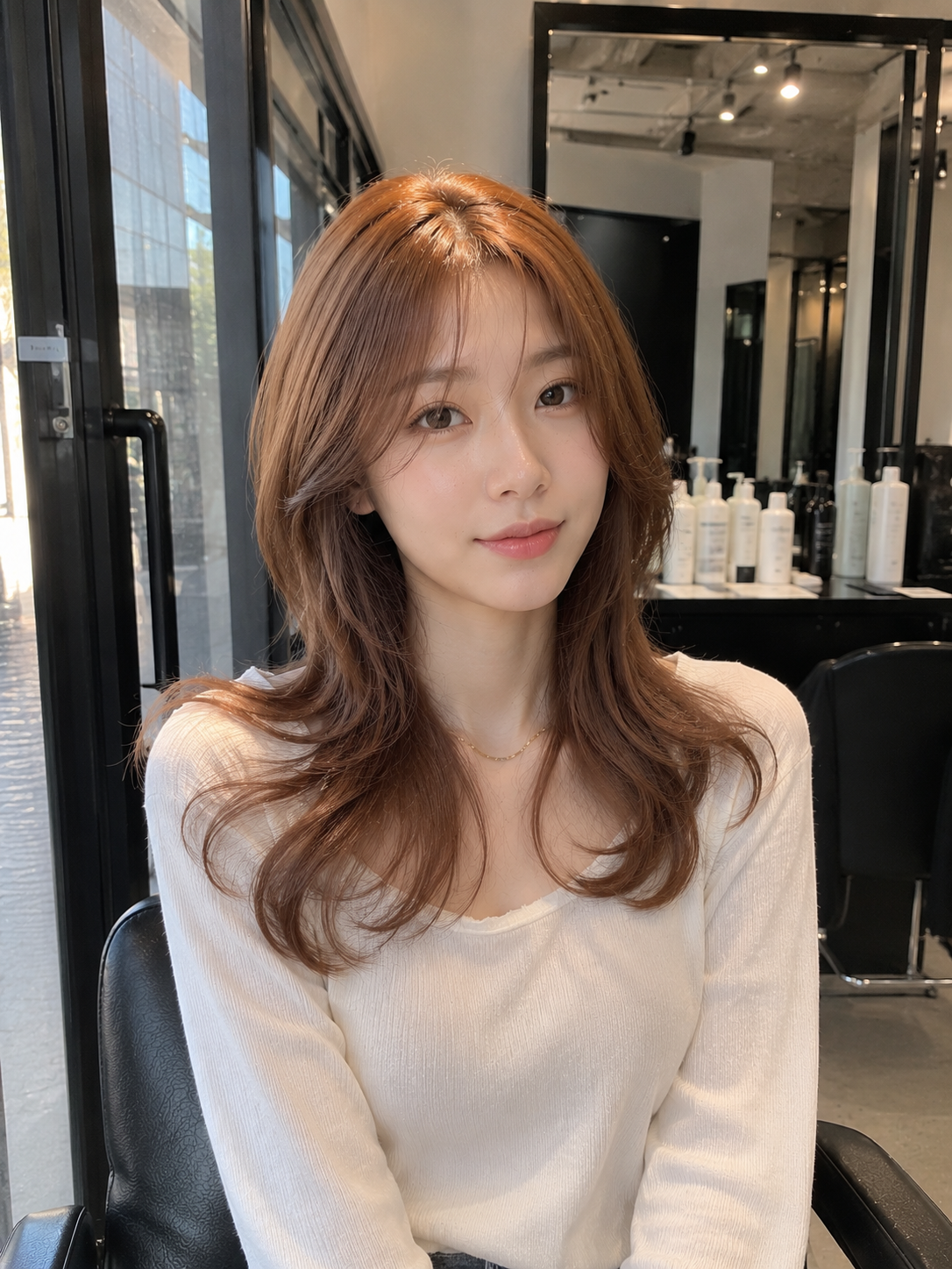 Woman with long brown hair in a white sweater, seated in a modern salon with styled hair and mirrors behind her. at busan gwangalli haeundae