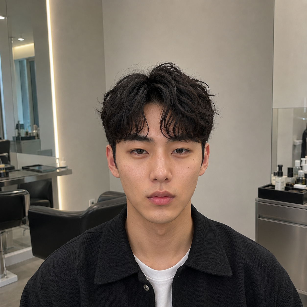 Person with dark hair sitting in a modern salon, wearing a black jacket and white shirt, looking at the camera. at busan gwangalli haeundae