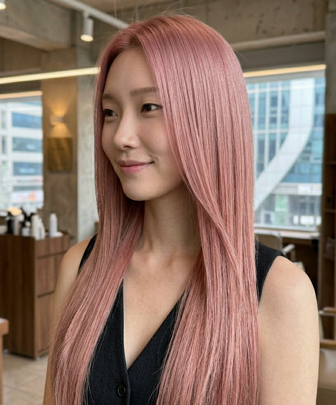 Woman with long pink hair wearing a black sleeveless top, smiling in a bright indoor setting at busan gwangalli haeundae