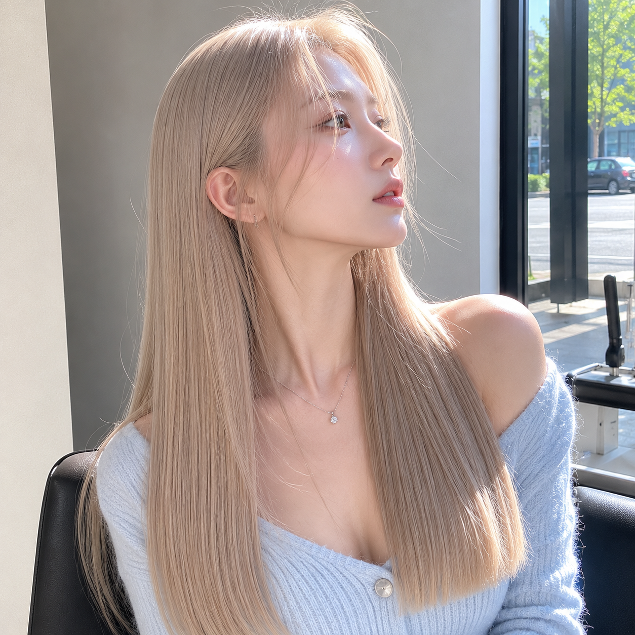 Woman with long blonde hair in a blue off-shoulder top, looking out a sunlit window. at busan gwangalli haeundae