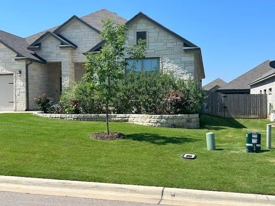 Suburban house with manicured green lawn, young tree, and stone flower bed under a clear blue sky