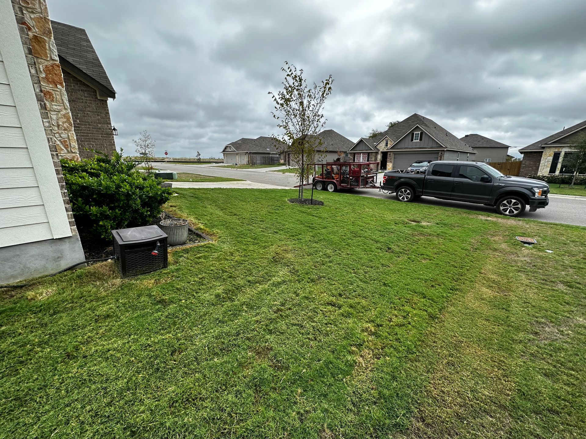 Suburban front yard with green grass, black SUV, and cloudy sky in front of houses