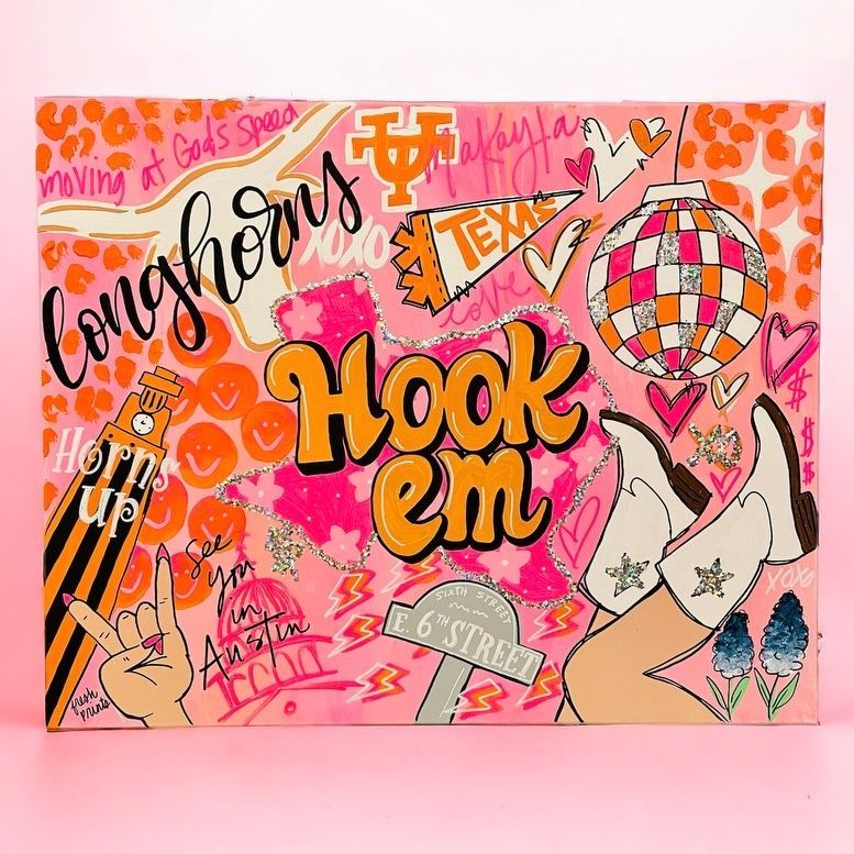 Pink collage poster with “Hook ’em” and Longhorns text, Texas symbols, and hearts
