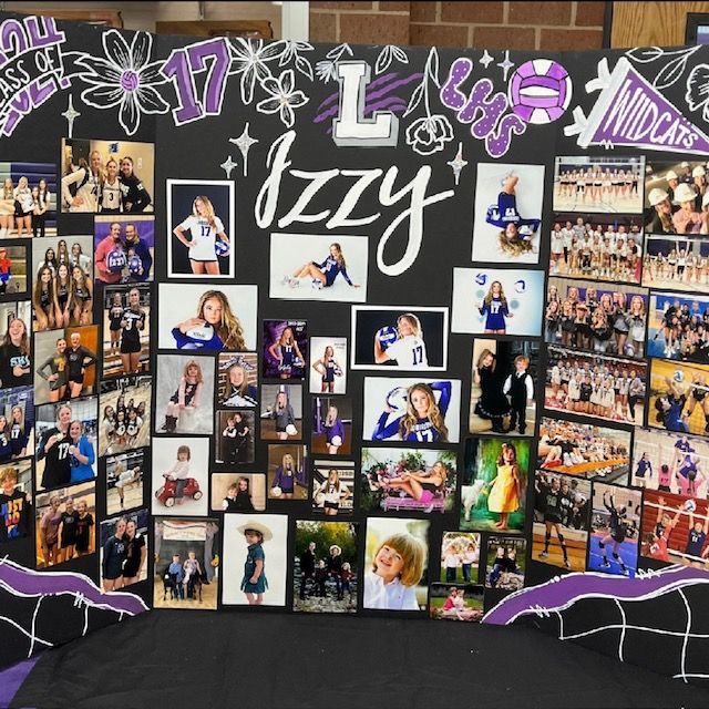 Black and purple 17th birthday collage board with “Lizzy” and many dance photos and decorations