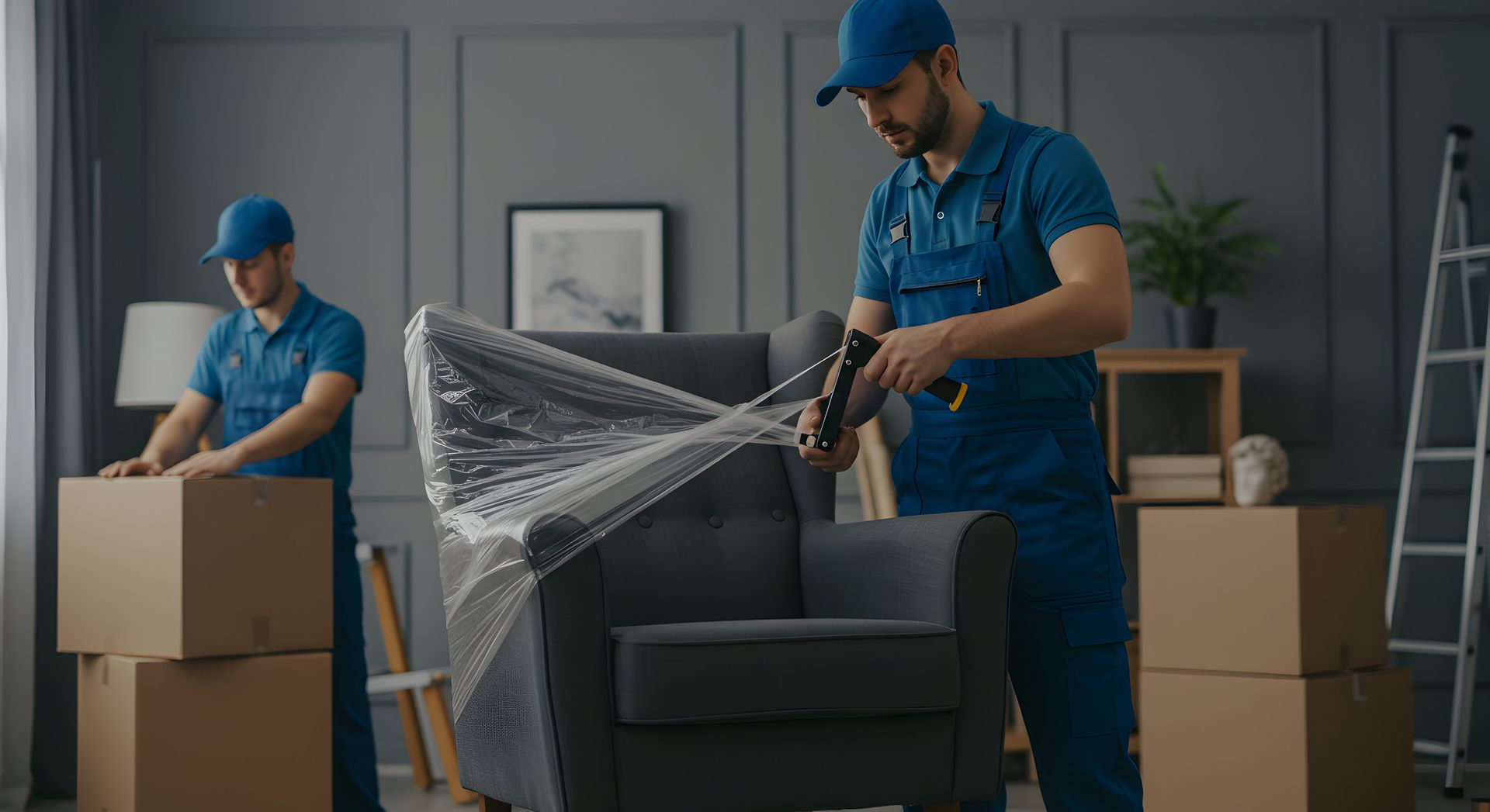 Movers carefully wrapping chair