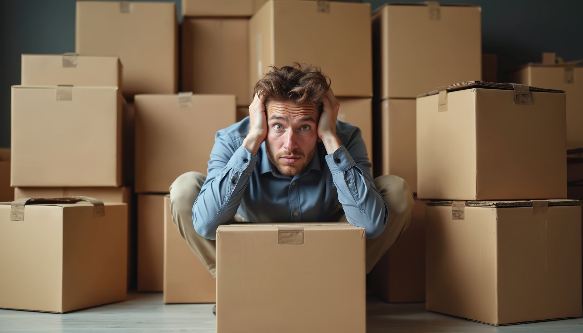 Stressed man surrounded by moving boxes