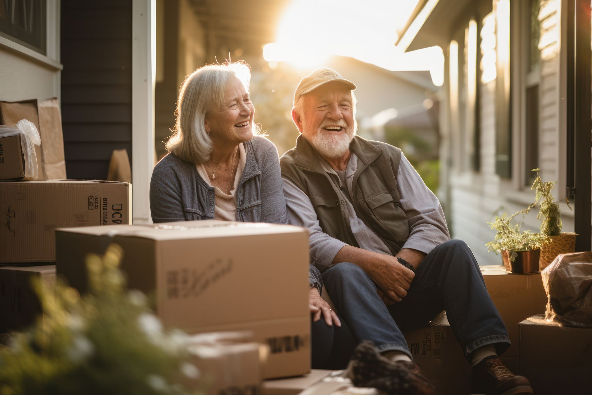 Elderly couple smiling and sitting on front porch