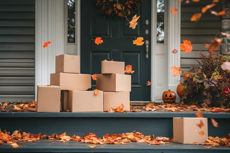 Moving boxes on the front porch during fall season with orange leaves and a carved pumpkin nearby