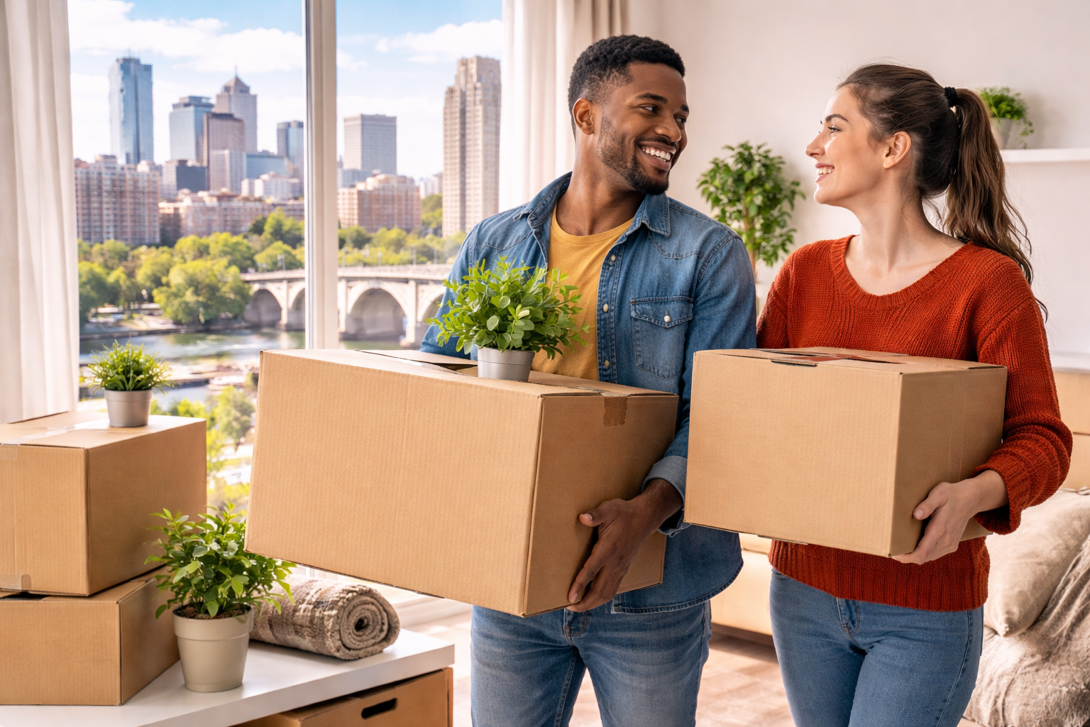 A man and women with moving boxes in an apartment