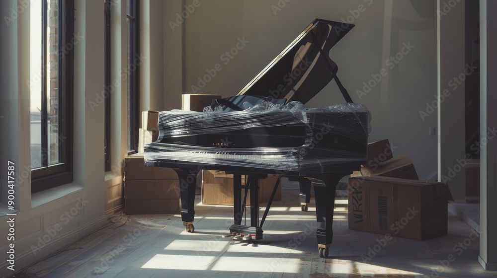 A piano being prepped for a move. In a house surrounded by moving boxes