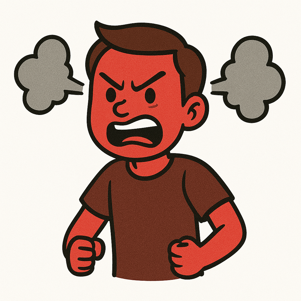 A cartoon of a red-faced angry person with steam coming out of their ears